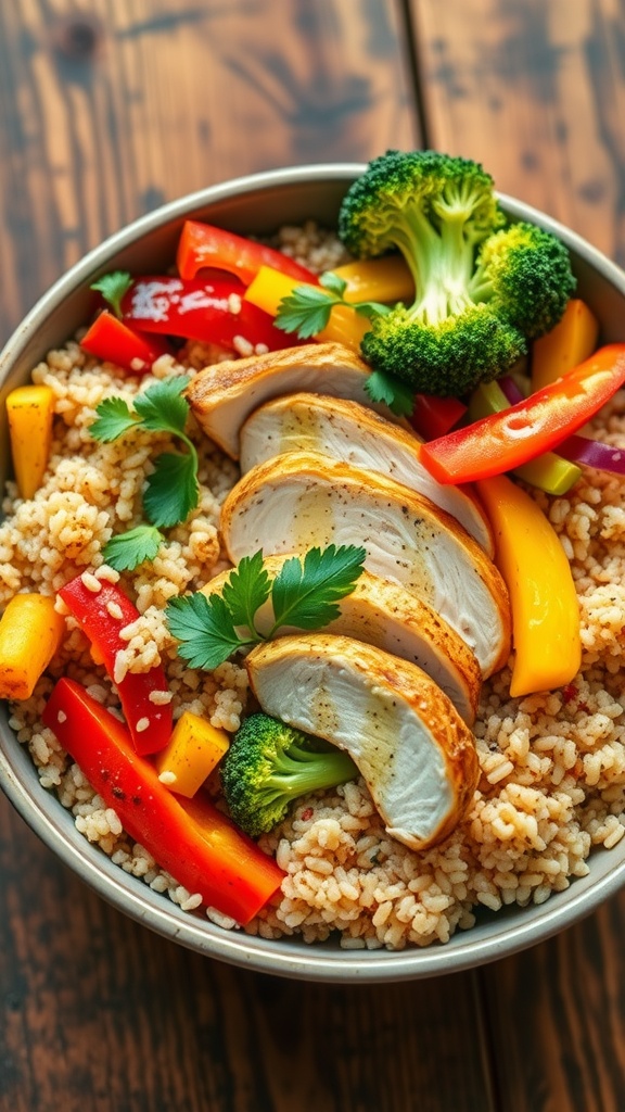 A bowl of quinoa and chicken with vegetables on a rustic table.